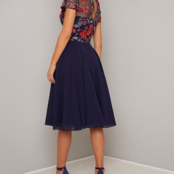 Елегантна Тъмносиня Официална Рокля Шифон Бюстие Флорал