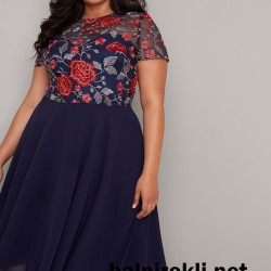 Абитуриентска Официална Тъмносиня Рокля Макси Дами Шифон Бродерии Средна Дължина