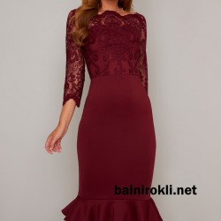 Елегантна Официална Коктейлна Рокля Бордо Средна Дължина