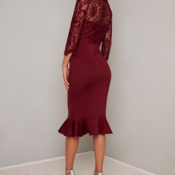 Елегантна Официална Коктейлна Рокля Бордо Средна Дължина