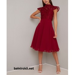 Елeгантна Вечерна  Рокля Бордо Средна Дължина Елeгантна Вечерна  Рокля Бордо Средна Дължина