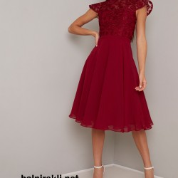 Елeгантна Вечерна  Рокля Бордо Средна Дължина