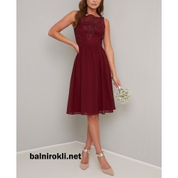 Бална Елегантна Коктейлна Рокля Бордо Средна Дължина