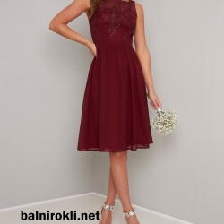 Бална Елегантна Коктейлна Рокля Бордо Средна Дължина