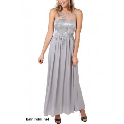 Елегантна Вечерна Сива Рокля Бродерия Прозрачен Панел