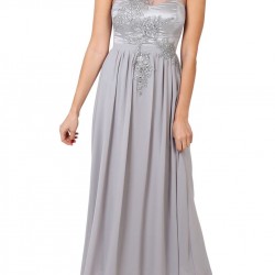 Елегантна Вечерна Сива Рокля Бродерия Прозрачен Панел