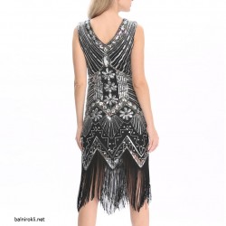 Блестяща Черна Рокля Сребристи Декорации Ресни