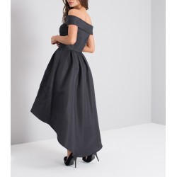 Бална Асиметрична Черна Рокля Сатен Бродерии