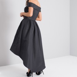 Бална Асиметрична Черна Рокля Сатен Бродерии