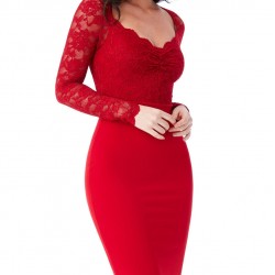 Вечерна Къса Червена Официална Рокля Дантела