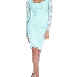 Вечерна Елегантна Къса Рокля Ментов Цвят Дантела