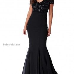 Бална Дълга Черна Рокля Елегантна Шифон Дантела