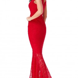 Дантелена Дълга Червена Рокля с Цепка Дантелена Дълга Червена Рокля с Цепка