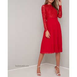 Бална Червена Рокля Средна Дължина Бюстие Дантела