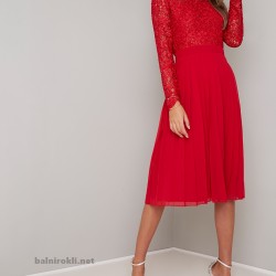 Бална Червена Рокля Средна Дължина Бюстие Дантела