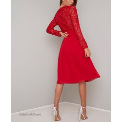 Бална Червена Рокля Средна Дължина Бюстие Дантела