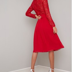 Бална Червена Рокля Средна Дължина Бюстие Дантела