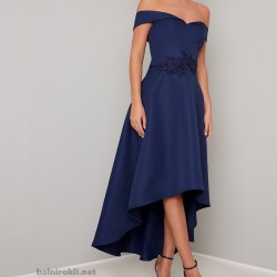 Асиметрична Абитуриентска Тъмносиня Рокля Сатен Бродерия