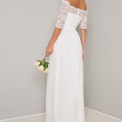 Абитуриентска Бяла Дълга Рокля Дантела Шифон