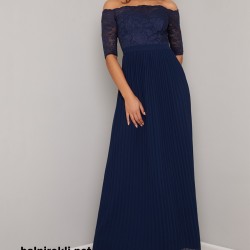 Абитуриентска Тъмносиня Дълга Рокля Дантела Шифон