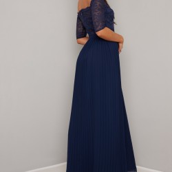 Абитуриентска Тъмносиня Дълга Рокля Дантела Шифон