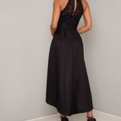 Асиметрична Вечерна Черна Рокля Бюстие Дантела Сатен Асиметрична Вечерна Черна Рокля Бюстие Дантела Сатен