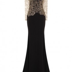 Елегантна Дълга Черна Рокля Златист Брокат