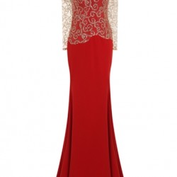 Елегантна Дълга Червена Рокля Златист Брокат