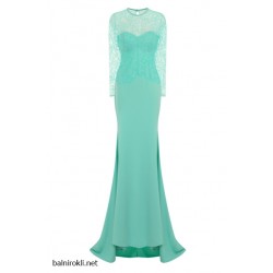 Елегантна Дълга Рокля Цвят Мента Блестящ Брокат