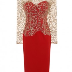 Елегантна Къса Червена Рокля Златист Брокат