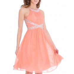Елегантна Къса Рокля Корал с Диаманти Гол Гръб