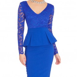 Дантелена Елегантна Къса Рокля Кралско Син Цвят