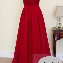 Абитуриентска Дълга Официална  Червена Рокля Шифон Дантела