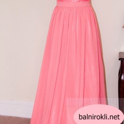 Абитуриентска Дълга Официална Рокля Шифон Дантела Цвят Корал