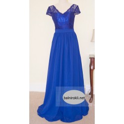 Абитуриентска Дълга Официална Синя Рокля Шифон Дантела