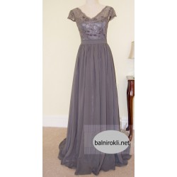 Абитуриентска Дълга Официална Сива Рокля Шифон Дантела