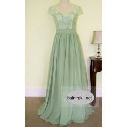 Абитуриентска Дълга Официална Зелена Рокля Шифон Дантела