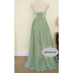 Абитуриентска Дълга Официална Зелена Рокля Шифон Дантела