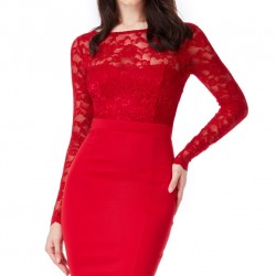 Елегантна Къса Червена Рокля Дантела Гол Гръб 