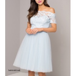 Елегантна Къса Светлосиня Рокля Дантела Деколте Елегантна Къса Светлосиня Рокля Дантела Деколте