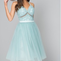 Бална  Къса Официална Рокля Дантела  и Тюл в Цвят Мента