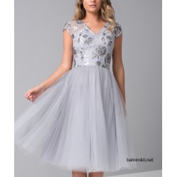 Елегантна Сива Официална Рокля Средна Дължина