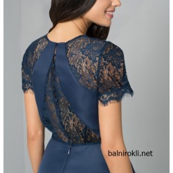 Асиметрична Тъмносиня Вечерна Рокля Сатен и Дантела Асиметрична Тъмносиня Вечерна Рокля Сатен и Дантела