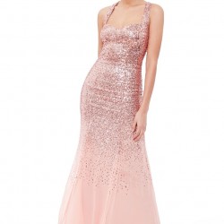 Блестяща Бална Дълга Рокля Прасковен Цвят Гол Гръб Блестяща Бална Дълга Рокля Прасковен Цвят Гол Гръб