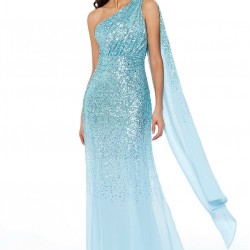 Абитуриентска Дълга Блестяща Светлосиня Рокля Едно Рамо