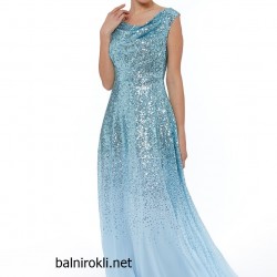 Абитуриентска Блестяща Светлосиня Рокля Деколте