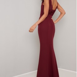 Бална Тъмночервена Рокля Гол Гръб Дантела