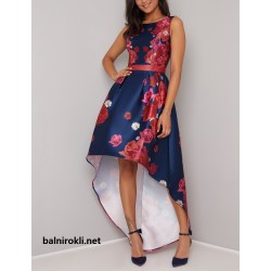 Асиметрична Тъмносиня Официална Рокля Флорален Принт