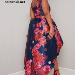 Асиметрична Елегантна Коктейлна Рокля Флорален Принт Макси Размери
