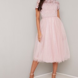  Бална  Къса Рокля Телесен Цвят Бродерии Тюл